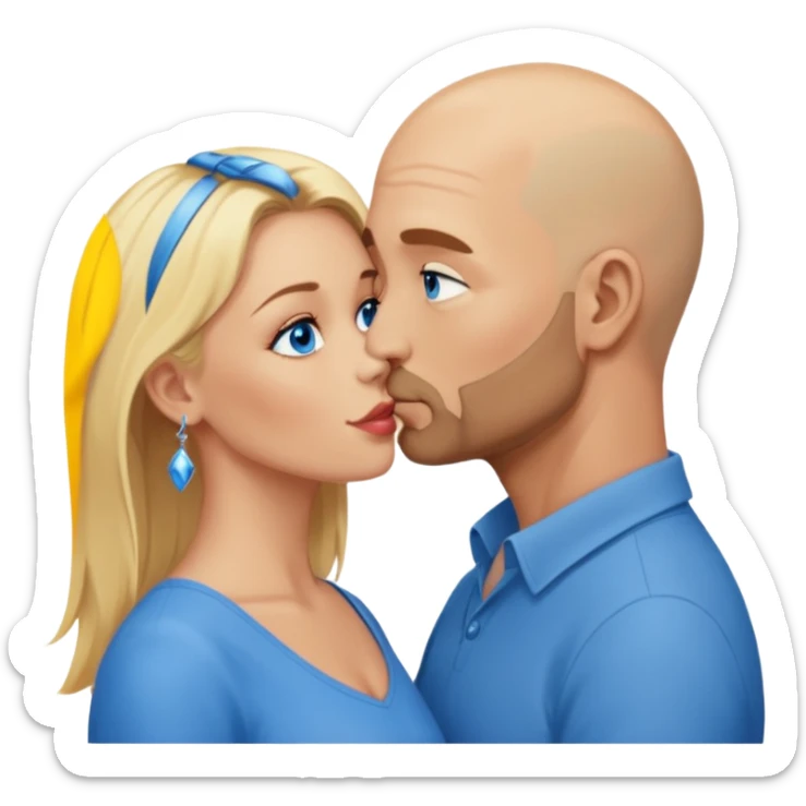 middle age bald man with scruff, blue eyes a.  Kissing blonde woman with blue eyes sticker