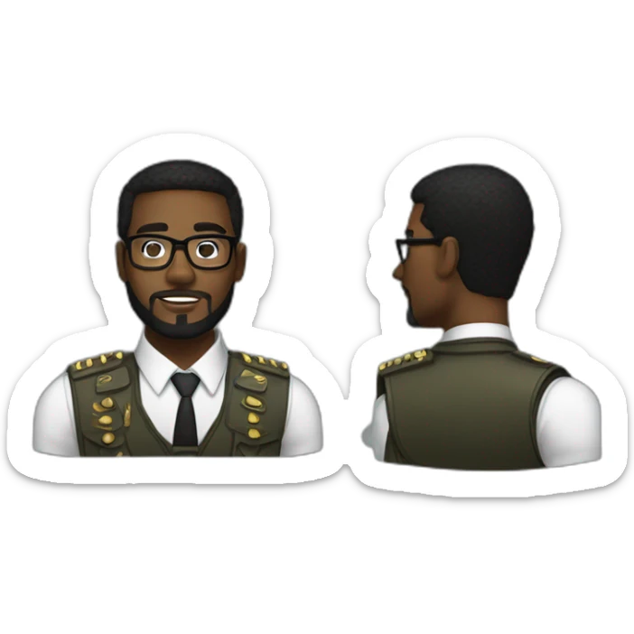 black soldier with beard, part in black hair, white collared shirt, bow tie, gold frame glasses, bulletproof vest  sticker