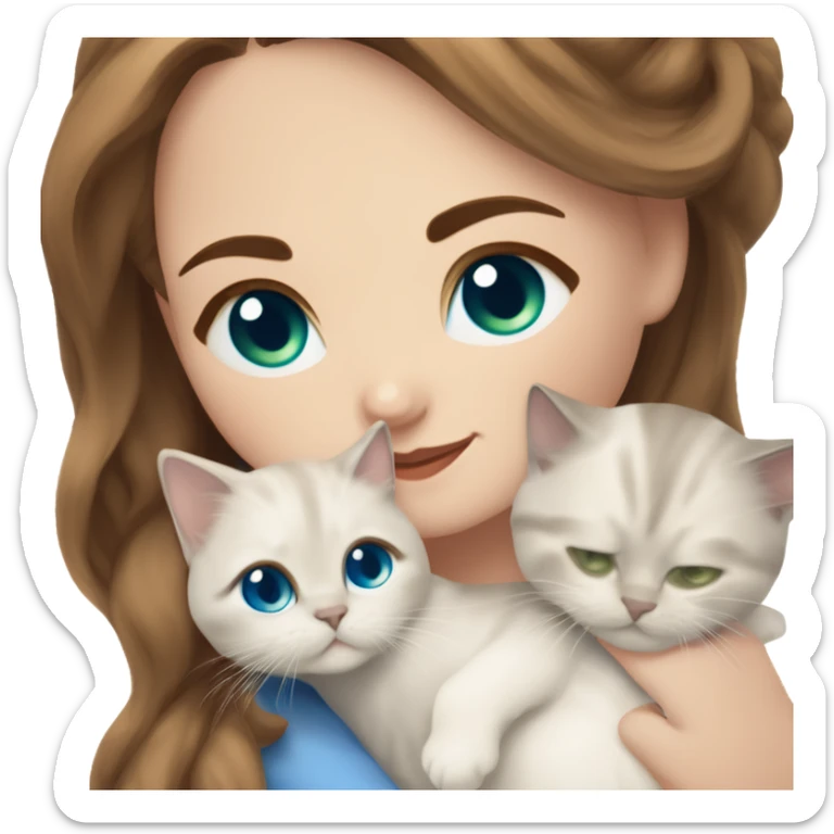 white woman with medium-length brown hair, green eyes and brown freckles on the face under the eyes, holding her sacre de birmanie kitten in her arms with much love, the baby cat has blue eyes, a lot of dark areas on ears and middle of the face. blue eyes sticker