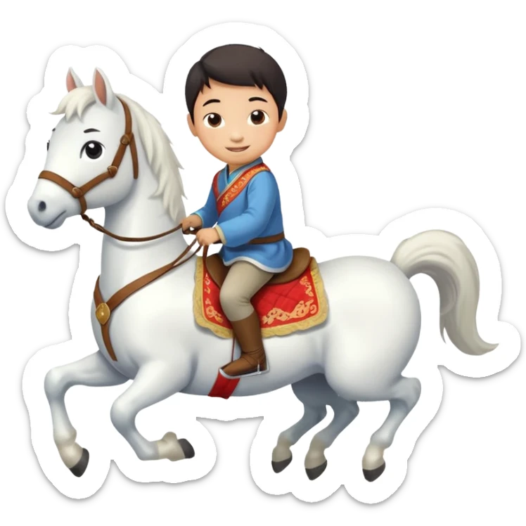 A Chinese little boy is riding a cute white small horse, and the horse is running. The blanket on the saddle says ‘2026.’  (2026 MUST HAVE) 。 sticker