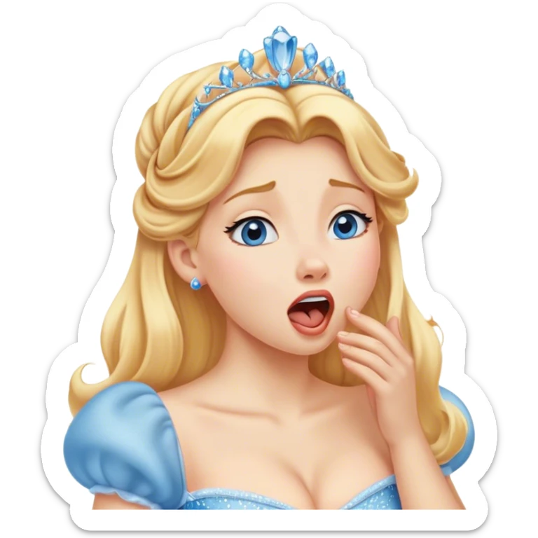 Cinematic Realistic Yawning Cinderella Portrait, showcasing lifelike porcelain skin and intricately detailed golden-blonde hair styled flawlessly as she mid-yawn reveals a moment of tender vulnerability. Her half-closed blue eyes and relaxed expression are rendered with natural, soft lighting that emphasizes the subtle textures of her face and the detailed, flowing fabric of her iconic gown. The scene glows with a cozy, authentic warmth that captures a rare, intimate moment of repose. sticker