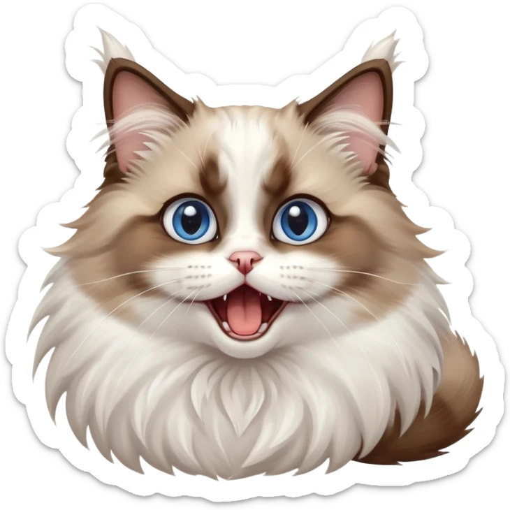 cinematic-adorable-big-eyed-fluffy-brown and white ragdoll-cat-portrait-emoji,-head-tilted-playfully-with-a-cute,-yawn,-soft-brown-and white-colored-fur-with-darker-points-on-the-ears,-simplified-yet-irresistibly-cute-features, sparkling blue eyes sticker