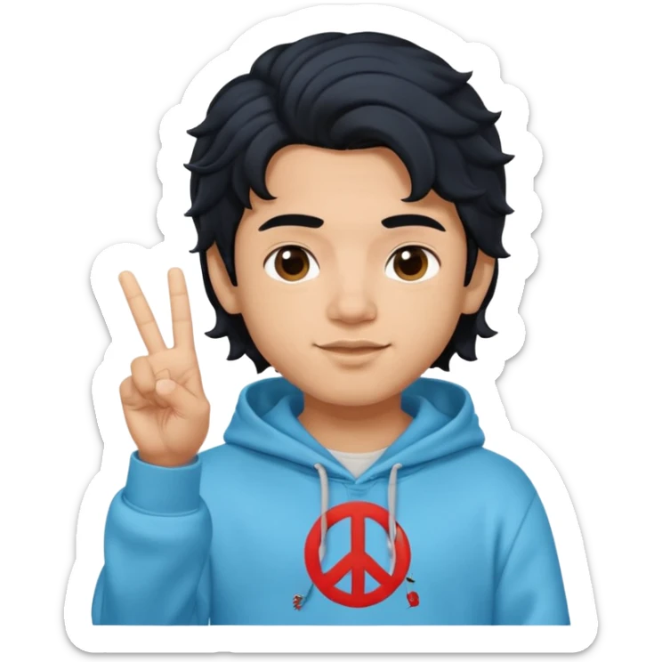An indian boy in a light blue hoodie with wavy flow hairstyle showing peace sign, with black hair color, apple memoji style sticker