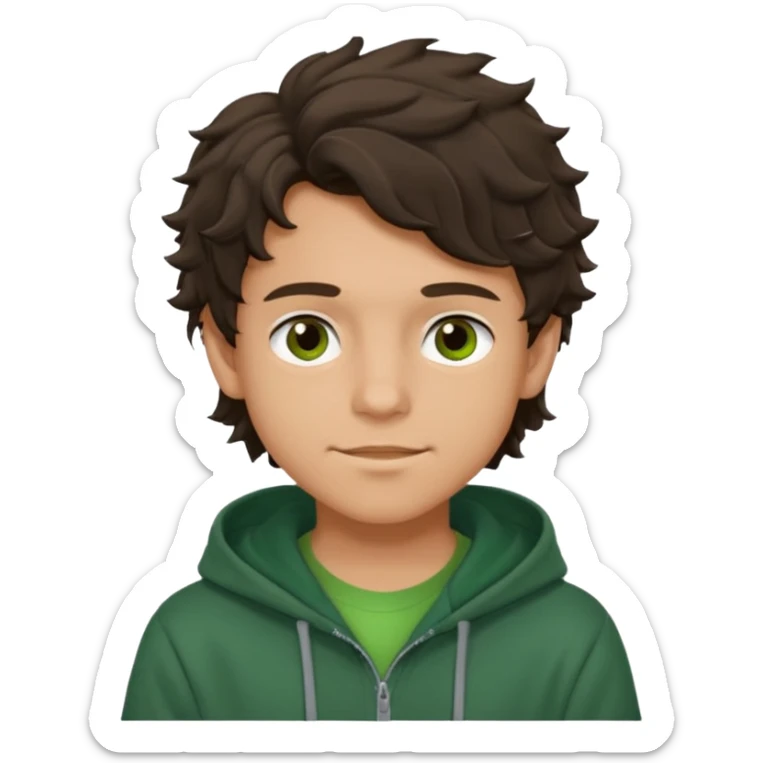 a 14 year old slightly tanned teenage boy with dark brown tousled wavy hair, dark brown eyes wearing a green tshirt, with a dark green hoodie overcoat. smirking sticker