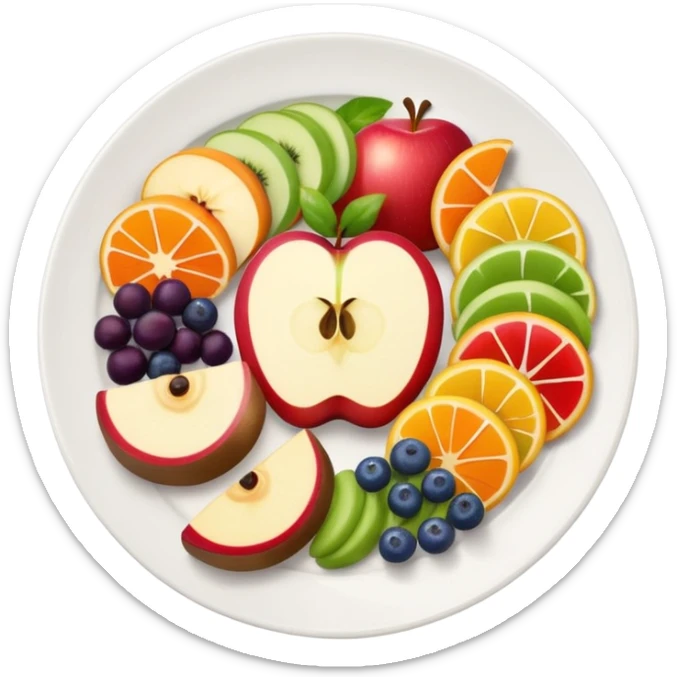a plate of food with a white plate, colorful fruit slices, vegetables, and bread, simple and colorful apple emoji style sticker