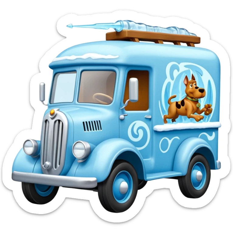The Flintstones shiny ice-blue frozen Scooby Doo 1915 Lightning Bug busters liquidator’s antique long wheelbase moving truck  sticker