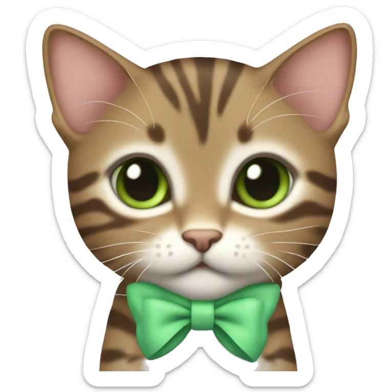 kawaii brown tabby kitten with green eyes and pastel green bow on top of head sticker