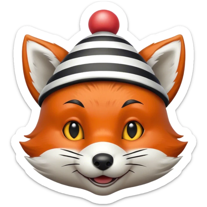 Renard fou avec des rayures noires et blanches portant un minuscule chapeau de clown sur la tête sticker