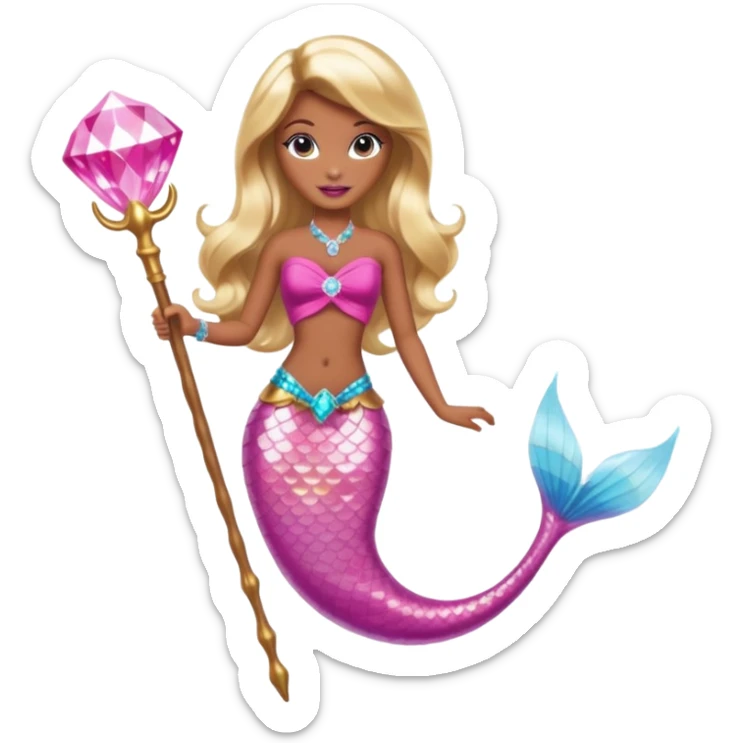 Brown skin blonde hair barbie mermaid with pink diamond tail and wand  sticker