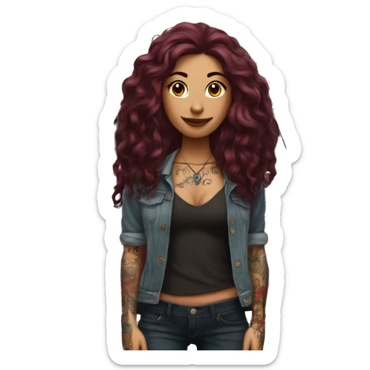 Beautiful tattooed burgundy long haired woman standing next to a car sticker