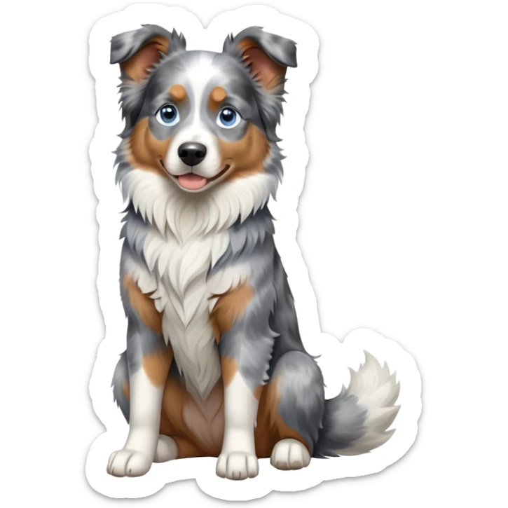 cinematic-[australian shepherd dog]-realistic-full-body-sitting-emoji,-tail-resting-loosely-beside-its-paws,-head-tilted-dramatically,-scruffy-[blue merle]-fur,-simplified-yet-realistic-focused-features,-highly-detailed,-glowing-with-an-almost-sarcastic-glow blue eyed sticker