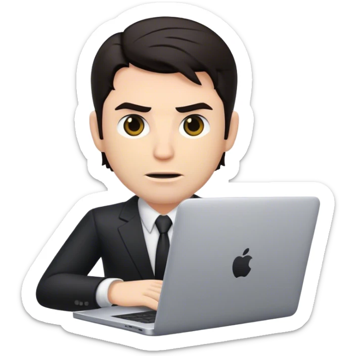 memoji of a white male realtor with a laptop in front, modern, dark hair, evil sticker