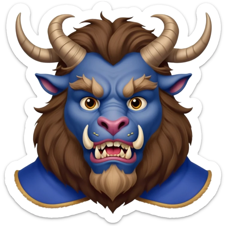 Beast from Beauty and the Beast with a human-like mouth and lips, but still with horns, fur, and beastly features wearing royal blue clothes sticker