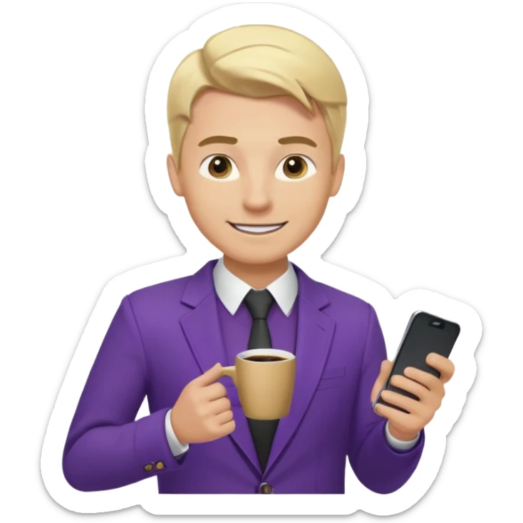 Confident and outgoing male entrepreneur, Caucasian features, blonde hair, big friendly smile, expressive eyes, defined eyebrows, wearing a purple blazer over a black shirt, holding a smartphone in one hand and a coffee cup in the other, waist-up, front-facing sticker