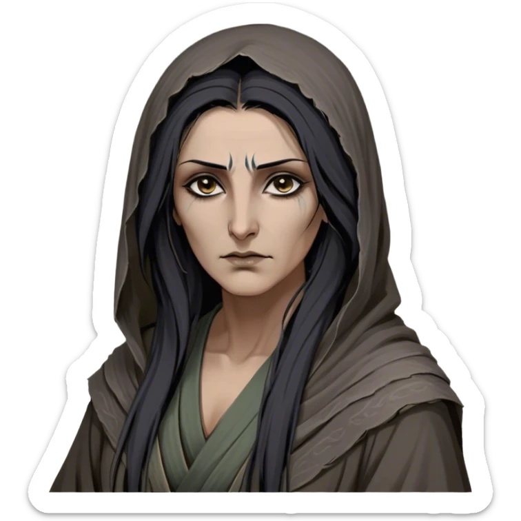 Mirri Maz Duur is a weathered, middle-aged Lhazareen woman with deep-set dark eyes, high cheekbones, and a sharp nose, giving her a stern, knowing expression. Her long, unkempt dark hair streaked with gray falls loosely over her shoulders, and her earth-toned, tattered robes mark her as a humble healer. Despite her frail appearance, she exudes an aura of mystery and menace, her hands stained with herbs and blood from both healing and dark sorcery. sticker