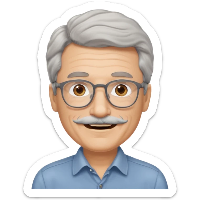 Generate a portrait of a slightly older man with glasses. His hair is quite thin, gray, but wavy. He has brown eyes, a mustache, and is smiling. sticker