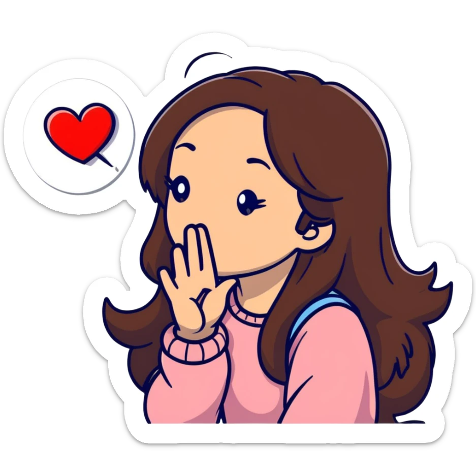 girl with long brown hair blowing a heart kiss sticker