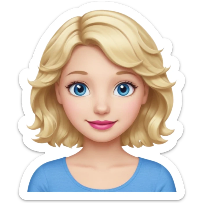 Girl Blonde short wavy hair,  blue eyes, cute blue top, long lashes, pink lips, 👄 smiling  sticker