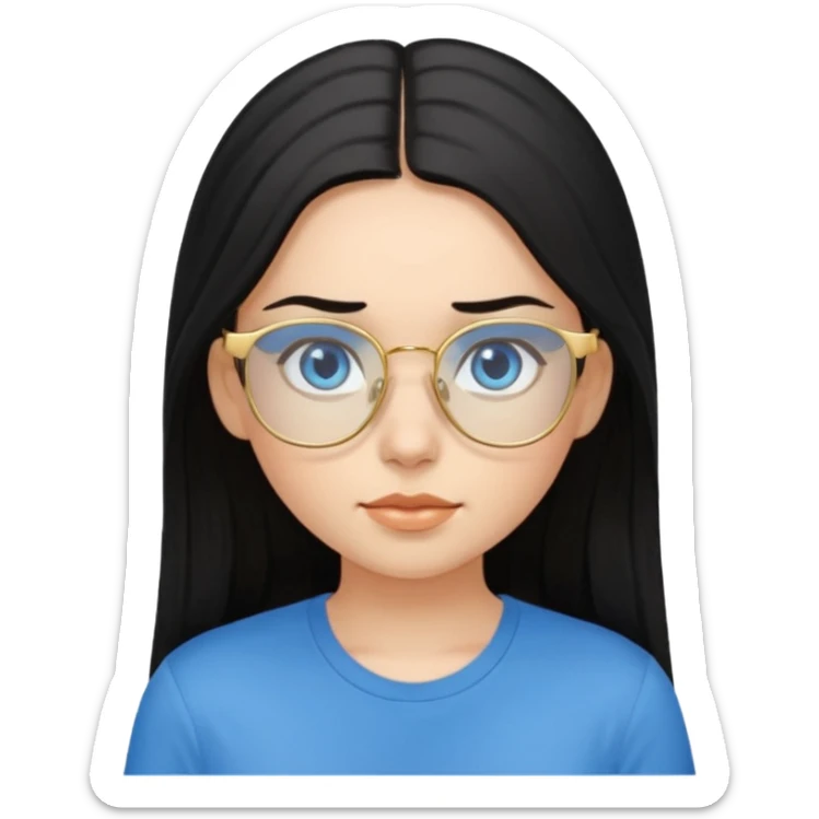 a black haired girl with blue eyes and glasses with blue shirt and long hair and gold glasses sticker