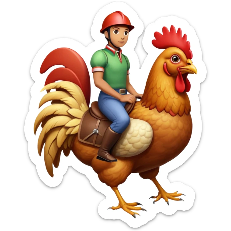 person riding a giant chicken like a jockey, funny meme, comical, human jockey on chicken sticker