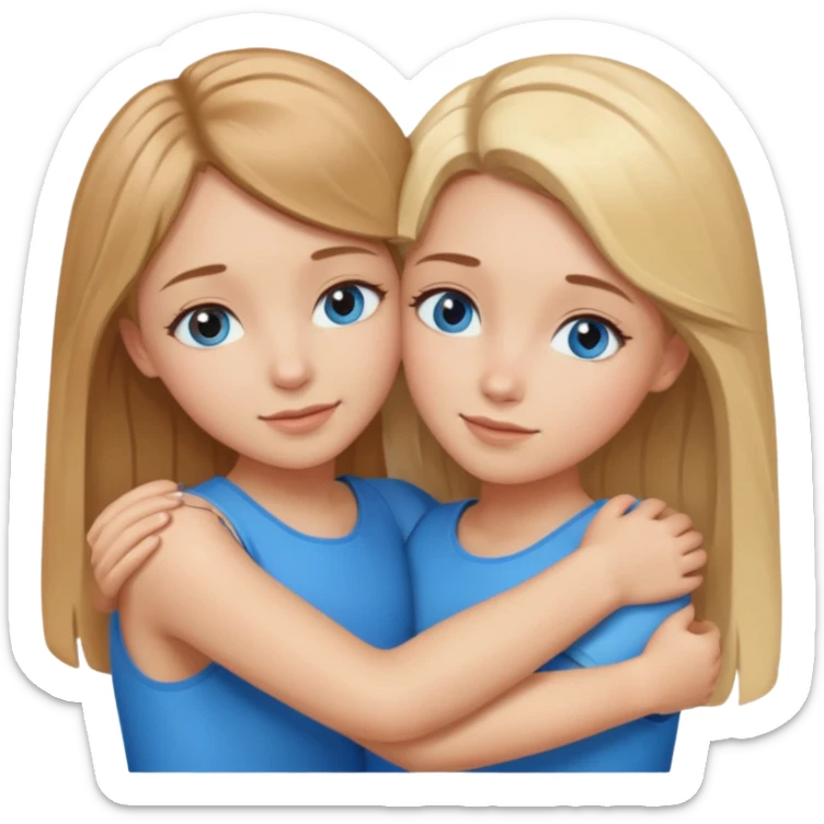 two Girls, Brown and Blonde hair, with Blue Eyes hugging sticker