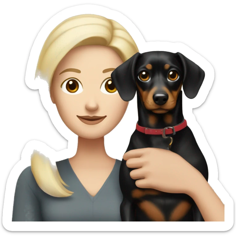 Blonde white woman and Brunette white woman holding black and tan dachshund sticker