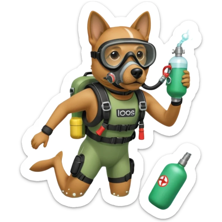 dog wearing scuba green gear dive into the sea with diver mask and oxygen tank sticker