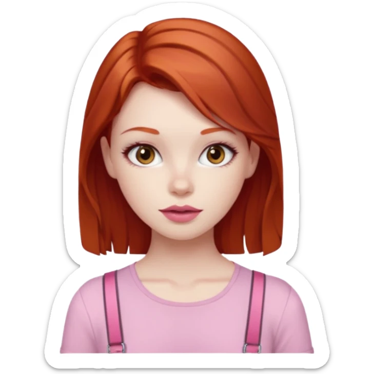 Redhead girl with deep brown eyes, pale skin with light red lips wearing a pink strap shirt sticker