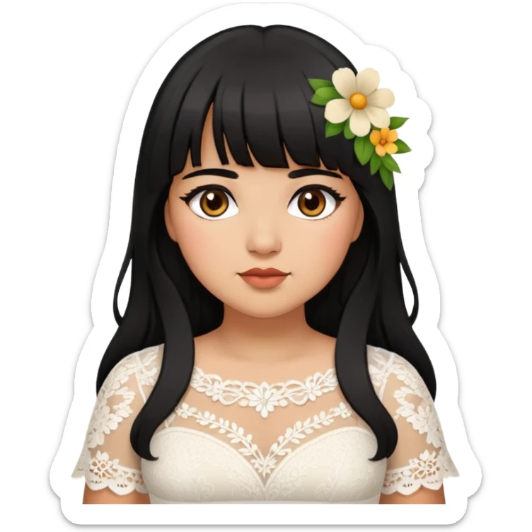 Latina girl with bangs black long hair plus size white lace dress with flowers sticker