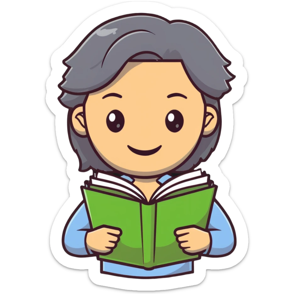 smiling English teacher with airtouch hair and grey-green eyes holding a stack of books and papers sticker