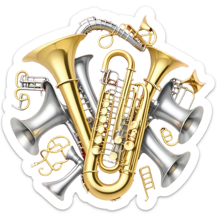 Create a festive and elegant emoji collage featuring a bouquet or fan of bells of wind instrument  (trumpets, saxophones, trombones, tubes, etc.) arranged in a radiant, symmetrical pattern. The instruments should have polished, golden and silver finishes, with their large, shiny bells forming a beautiful, fan-like display. Include a flowing ribbon of musical notes swirling through the center, conveying movement and melody. The background should feature a deep red velvet texture, adding a touch of luxury and sophistication. The overall composition should be balanced, with an elegant and regal feel, with a transparent background to keep focus on the instruments and musical elements. sticker