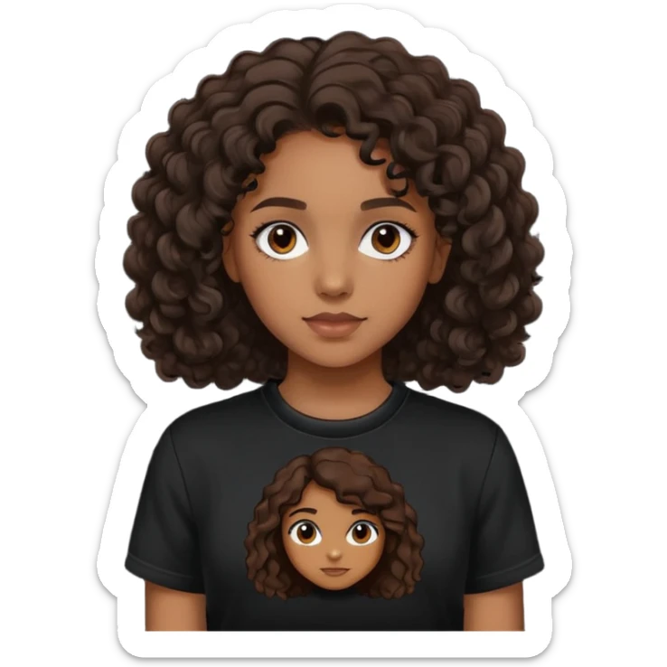 girl with brown skin, dark curly brown hair shoulder length and black crewneck t-shirt sticker