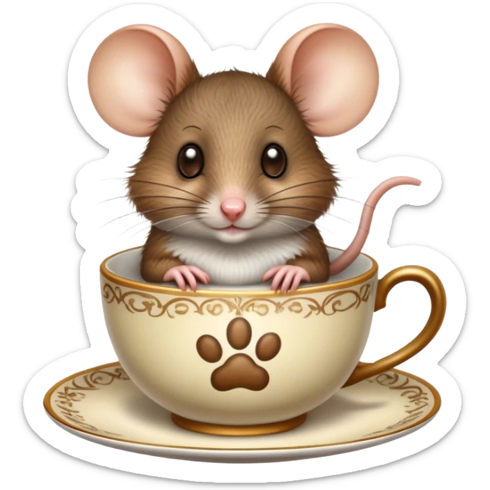 Cinematic 32k HD, Extremely detailed image of a mouse in a teacup, each hair, eye, and paw is shown in stunning detail as though captured in a timeless photograph, rich textures, visually rich, so lifelike that it feels like it could leap off the page at any moment sticker