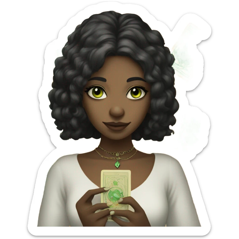 Girl with green eyes black hair and nose ring piercing with taro cards sticker