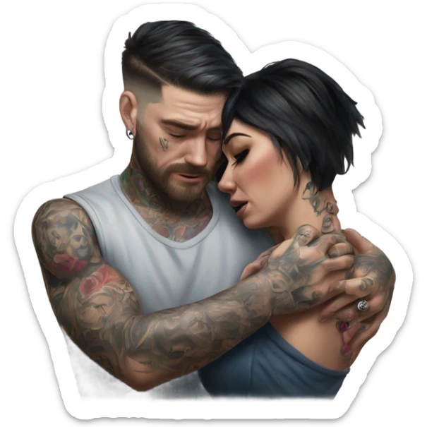 Hyper Realistic Beautiful tattooed woman crying in the arms of a handsome tattooed man  sticker