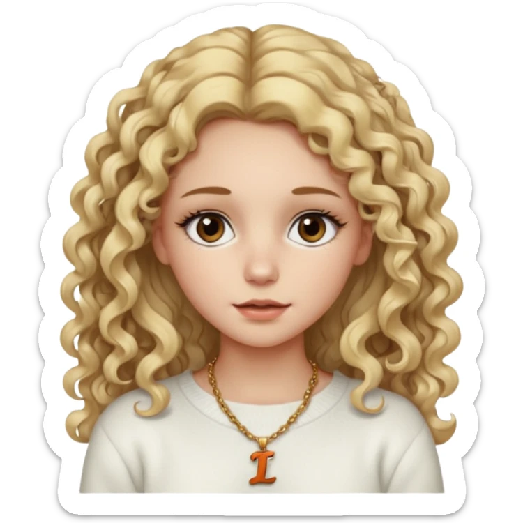 a dirty blonde girl with brown eyes and make her wearing a white sweater and a smallnecklace with I intial with really long curly hair and white skin color, long hair and really big lashes sticker