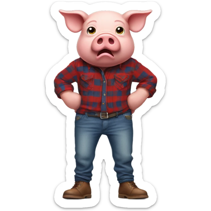 An angry humanoid pig wearing a red long sleeved flannel with blue jeans and brown shoes sticker