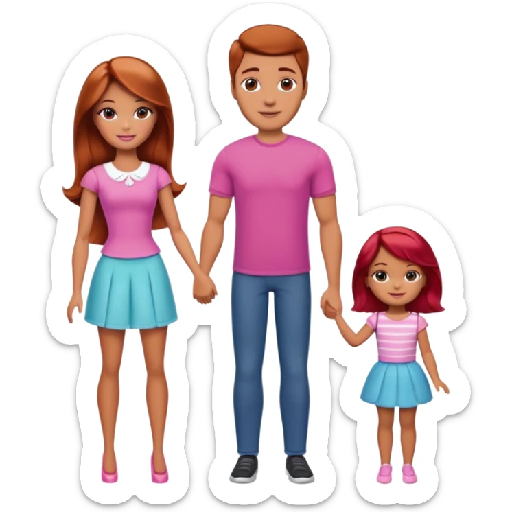 A barbie girl with makeup with brown hair with a child, a daughter, a girl with red hair, holding her hand in  and a husband, a man with brown hair, a family sticker