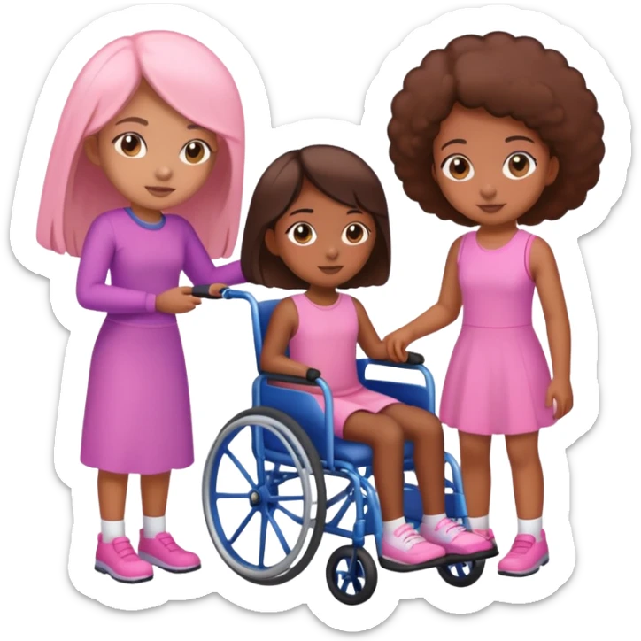One tan skin sister standing behind her brown skin sister in a pink wheelchair sticker