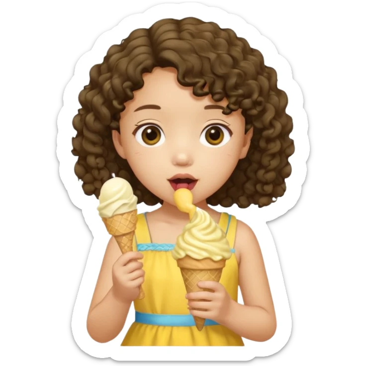 a little asian girl kid with curly hair, yellow dress, eat ice cream sticker