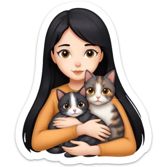girl with black hair hugging three cats  (tortie cat, gray cat, brown calico cat) sticker