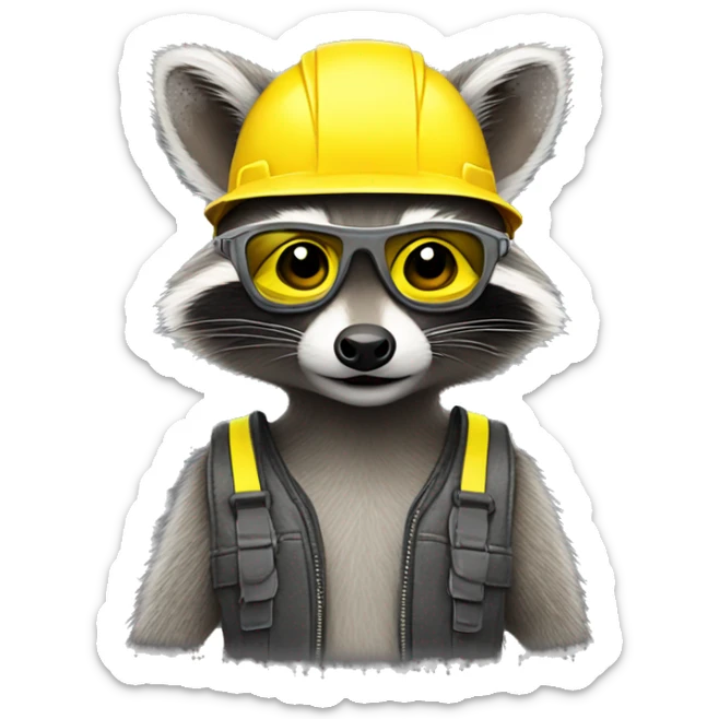gray raccoon with yellow helmet, safety glasses and ear protectors sticker