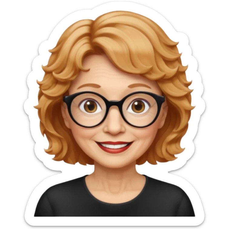 woman 70 years old, very short strawberry blonde weavy hair, brown eyes and round dark glasses smile sticker