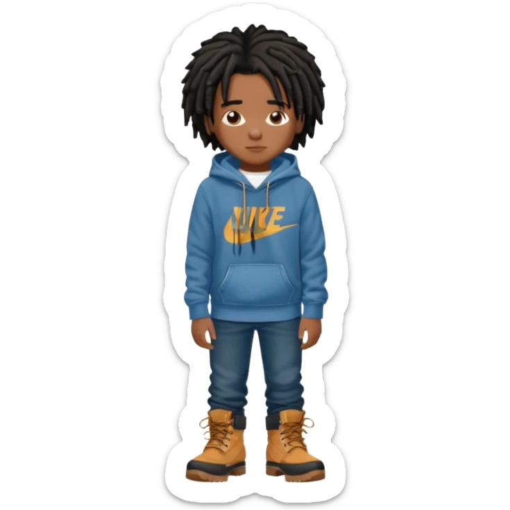 African American boy with short black dreadlocks wearing a Nike hoodie wearing denim skinny jeans and timberland boots with his hands folded across chest sticker