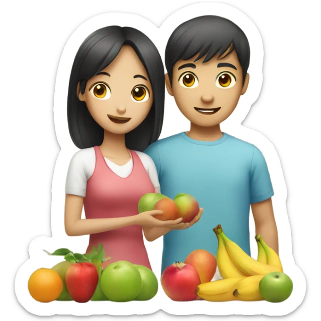 Asian girl giving fruits, man with blue eyes sticker