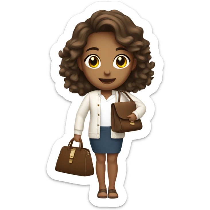 tan skin girl with brown slightly wavy hair, wearing a white cardigan and holding a purse sticker