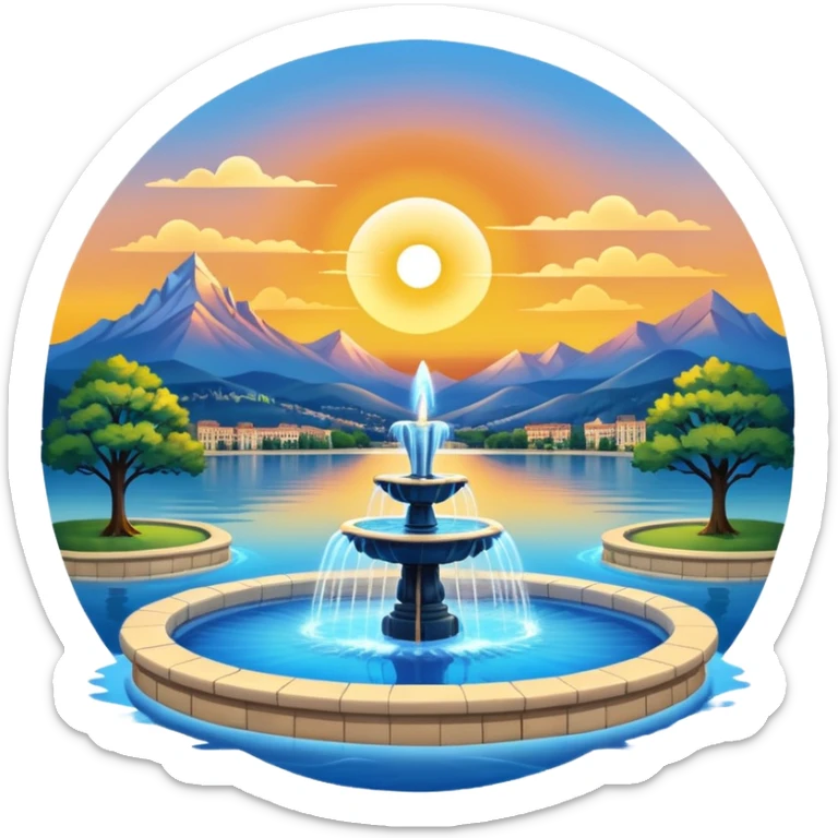 Please generate an image of a sunrise illuminating a lake with a huge fountain like that in the Geneva lake and some mountains in the background. sticker