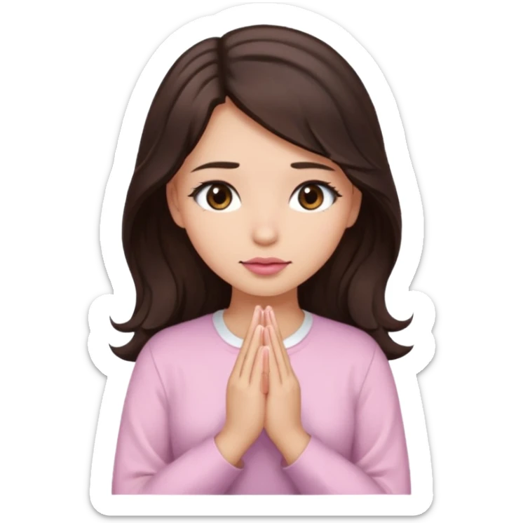 girl with wavy long glamorous dark brown hair, brown eyes, light to medium complexion, long lashes, light pink lipstick, praying, wearing light pink shirt sticker