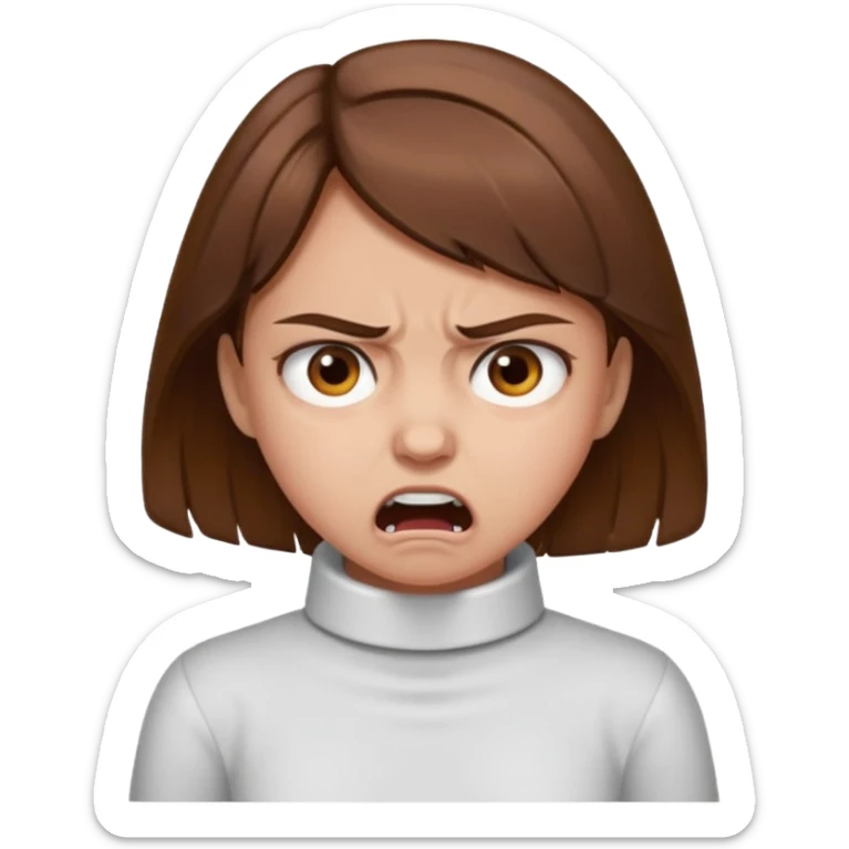 Girl with brown hair and brown eyes choking neck and mad sticker