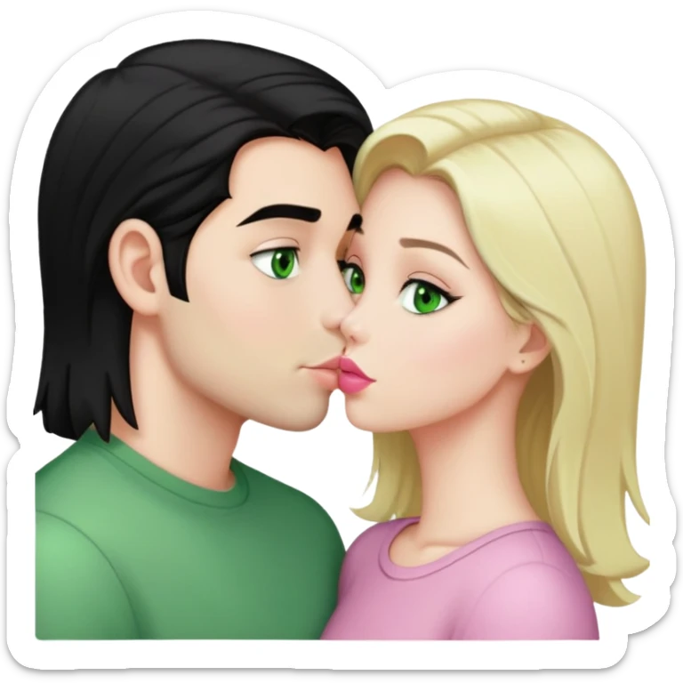 A blonde girl with fair skin and green eyes and light pink lips a guy with black hair and fair skin and green eyes are kissing sticker